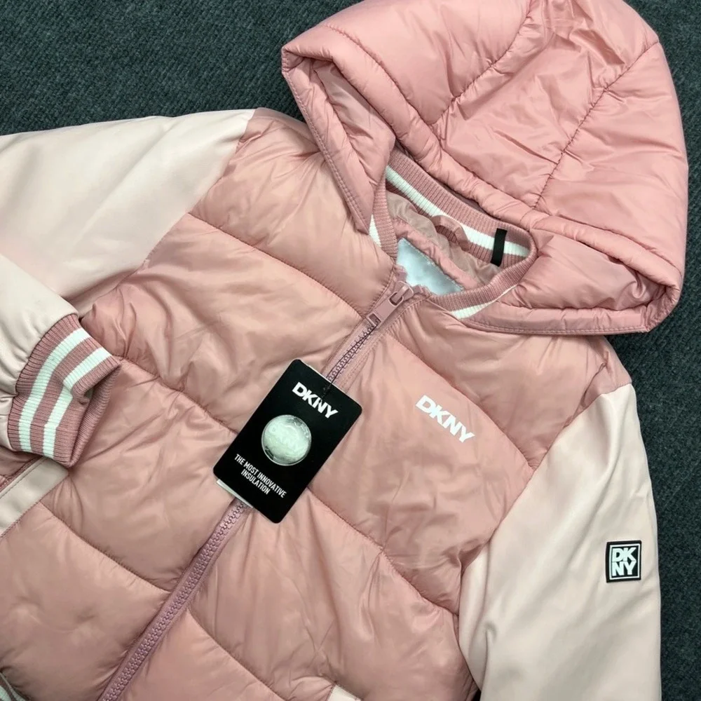 DKNY Girls Pink Puffer Jacket Faux Leather Sleeves Size 10/12 Y2K Streetwear